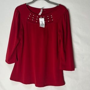 NY Collection Red 3/4 Sleeve Crepe Knit Top (Irregular)